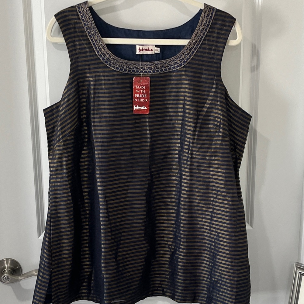 fabindia Navy and Gold Metallic Striped Sleeveless Tank Top